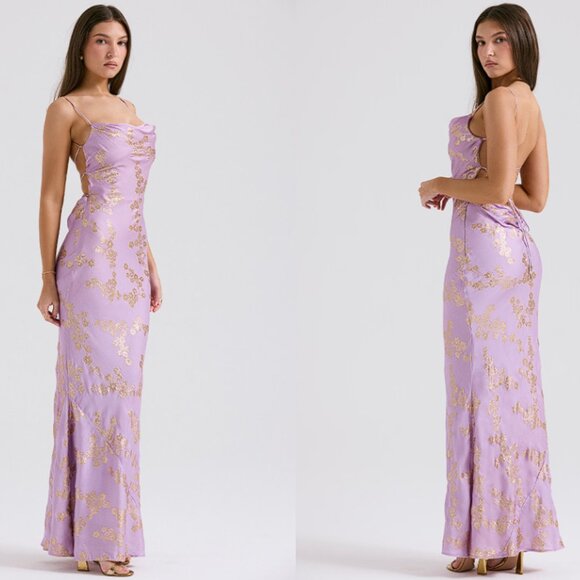 HOUSE OF CB 'Capriana' Orchid Jacquard Satin Gown NWOT - Picture 4 of 10